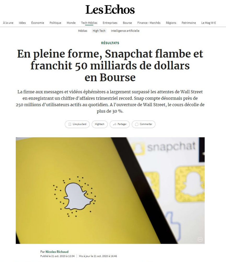 SNAPCHAT Hausse +30% - 50 milliars de dollars en Bourse