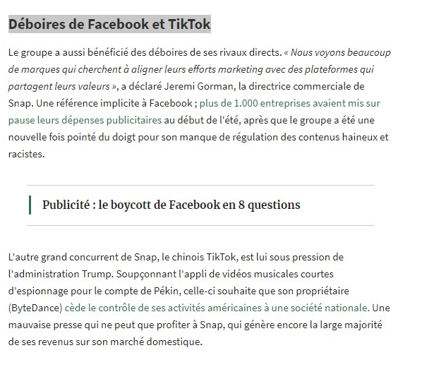 SNAPCHAT Hausse +30% - Déboires Facebook et Tiktok